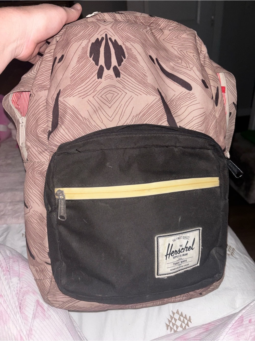 Herschel Supply Company Men’s Pink Patterned Backpack with Black Front Pocket